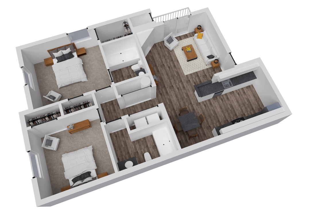 A 3D image of the Pine floorplan, a 977 squarefoot, 2 bed / 2 bath unit