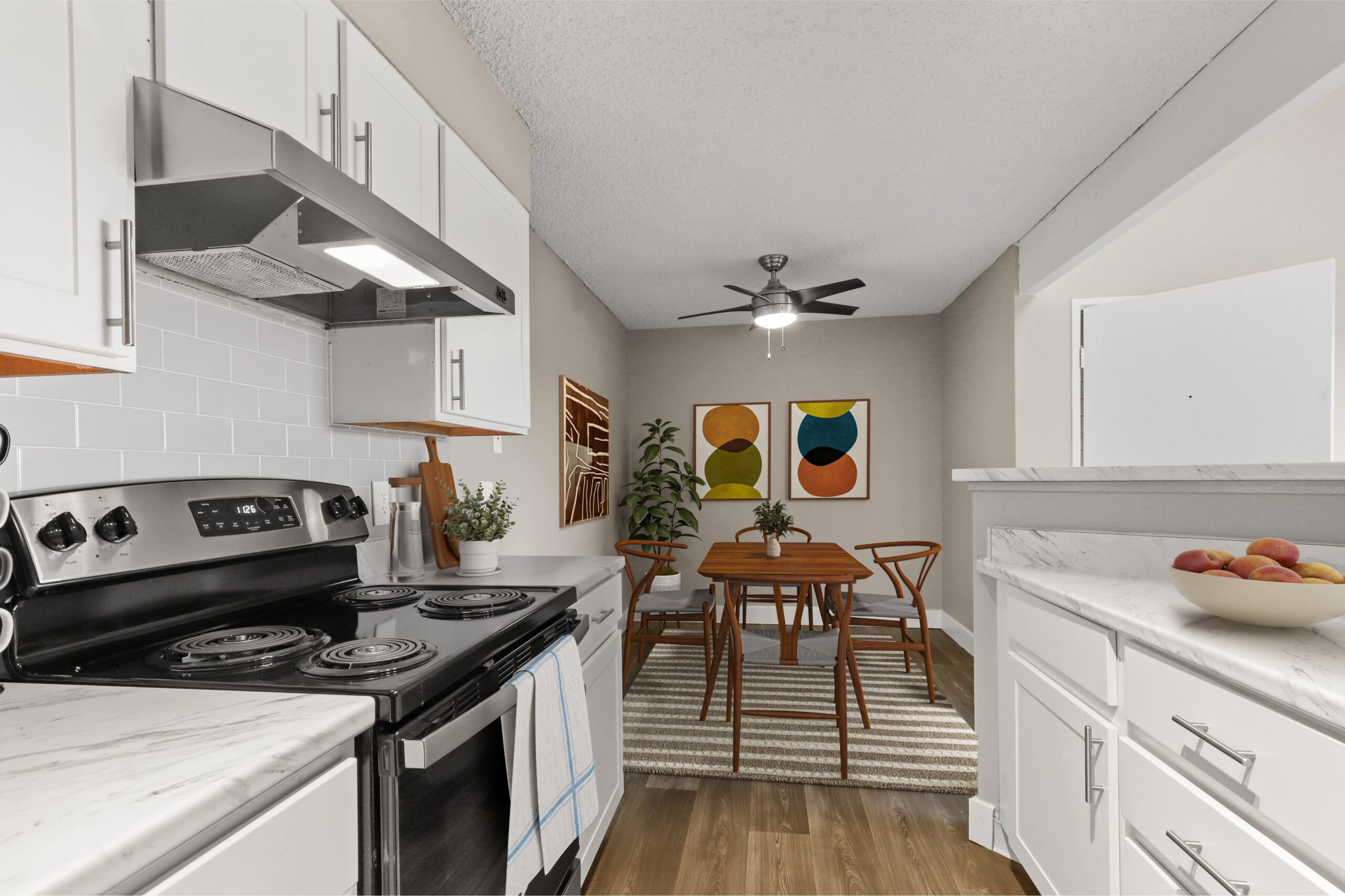 Kitchen looking into dining area